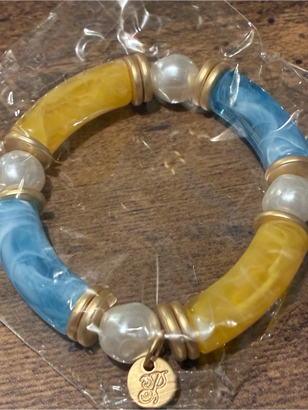 Blue and Yellow Resin Pearl Bracelet with Matte Gold Accents